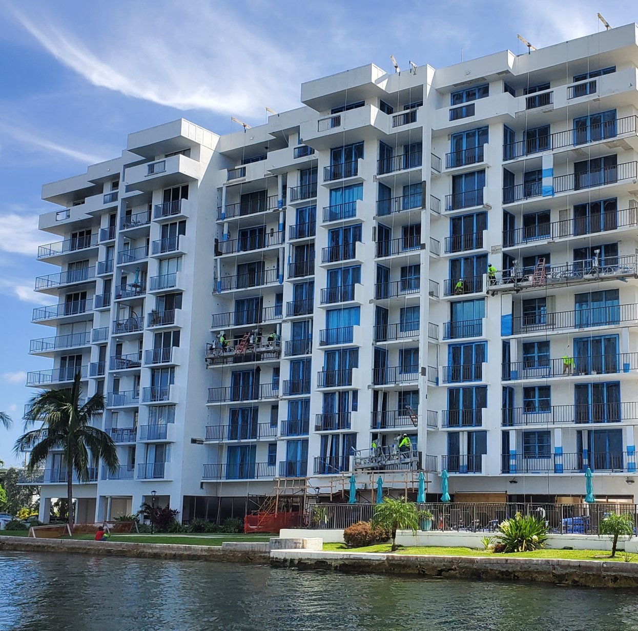Concrete restoration crew working on a South Florida oceanfront high-rise