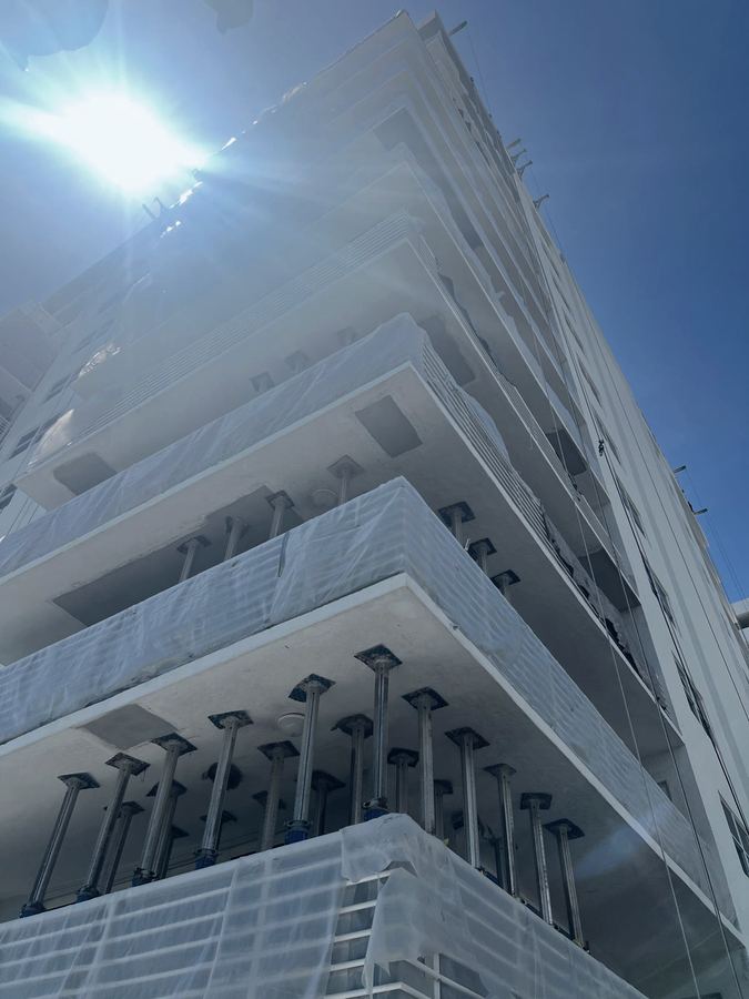 Balconies shored during structural and railing restoration